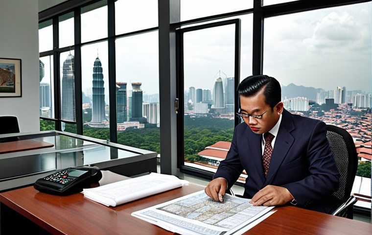 **
"A Malaysian property valuer reviewing land law documents (Akta Kanun Tanah Negara 1965) in a modern office, with a Kuala Lumpur skyline visible in the background. The scene emphasizes precision and legal understanding."
**