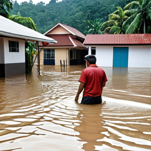 Home 6 **A flooded residential area in Malaysia, showcasing the impact of climate change on property values. Include houses partially submerged in water and a valuation surveyor inspecting the damage with a concerned expression.**