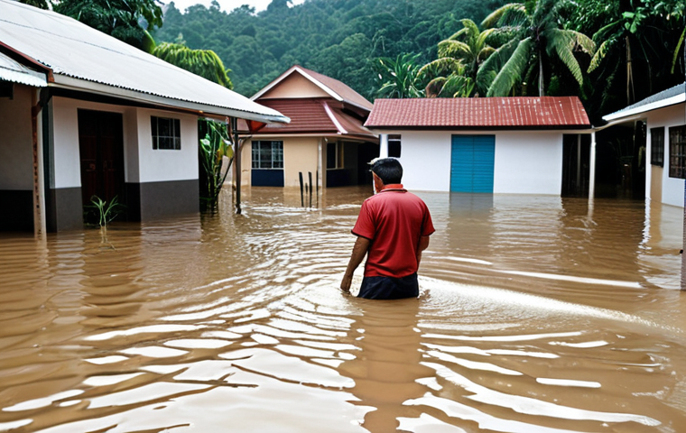 **A flooded residential area in Malaysia, showcasing the impact of climate change on property values. Include houses partially submerged in water and a valuation surveyor inspecting the damage with a concerned expression.**