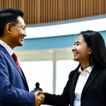 A successful Malaysian property valuer, fully clothed in a modest, professional business suit, actively networking at a lively industry conference. The valuer is seen engaging in a friendly conversation with another professional, with a modern convention hall setting in the background. The atmosphere is professional and collaborative. Perfect anatomy, correct proportions, natural pose, well-formed hands, proper finger count, natural body proportions, safe for work, appropriate content, fully clothed, professional, high quality, professional photography.
