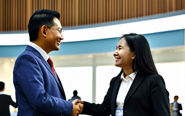 A successful Malaysian property valuer, fully clothed in a modest, professional business suit, actively networking at a lively industry conference. The valuer is seen engaging in a friendly conversation with another professional, with a modern convention hall setting in the background. The atmosphere is professional and collaborative. Perfect anatomy, correct proportions, natural pose, well-formed hands, proper finger count, natural body proportions, safe for work, appropriate content, fully clothed, professional, high quality, professional photography.