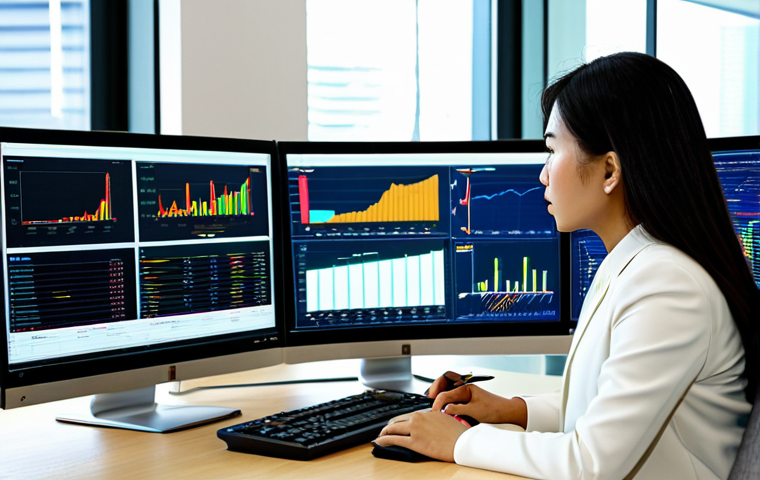 A focused professional property valuer, a Malaysian woman, in a modest business suit, intently analyzing market data on multiple large computer screens in a modern, bright office. Various charts, graphs, and maps of the Klang Valley are visible on the displays. She holds a stylus, deep in thought, surrounded by organized documents and a neat desk. The lighting is professional and clear. Perfect anatomy, correct proportions, natural pose, well-formed hands, proper finger count, natural body proportions, professional photography, high quality, safe for work, appropriate content, fully clothed, professional.